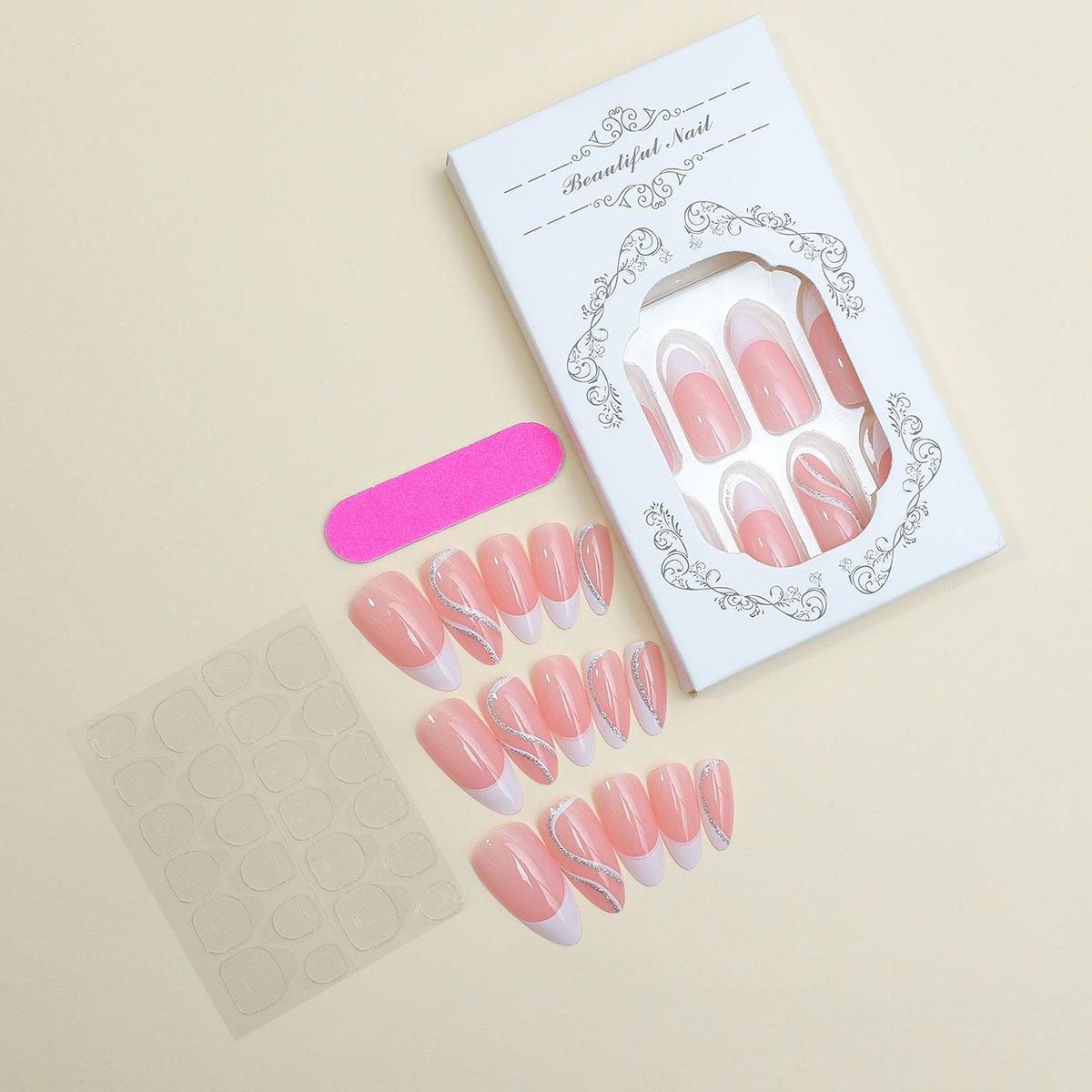 

Европейские и американские носимые ногти миндалевидной формы с французскими блестящими линиями - простые, съемные накладные маникюрные элементы