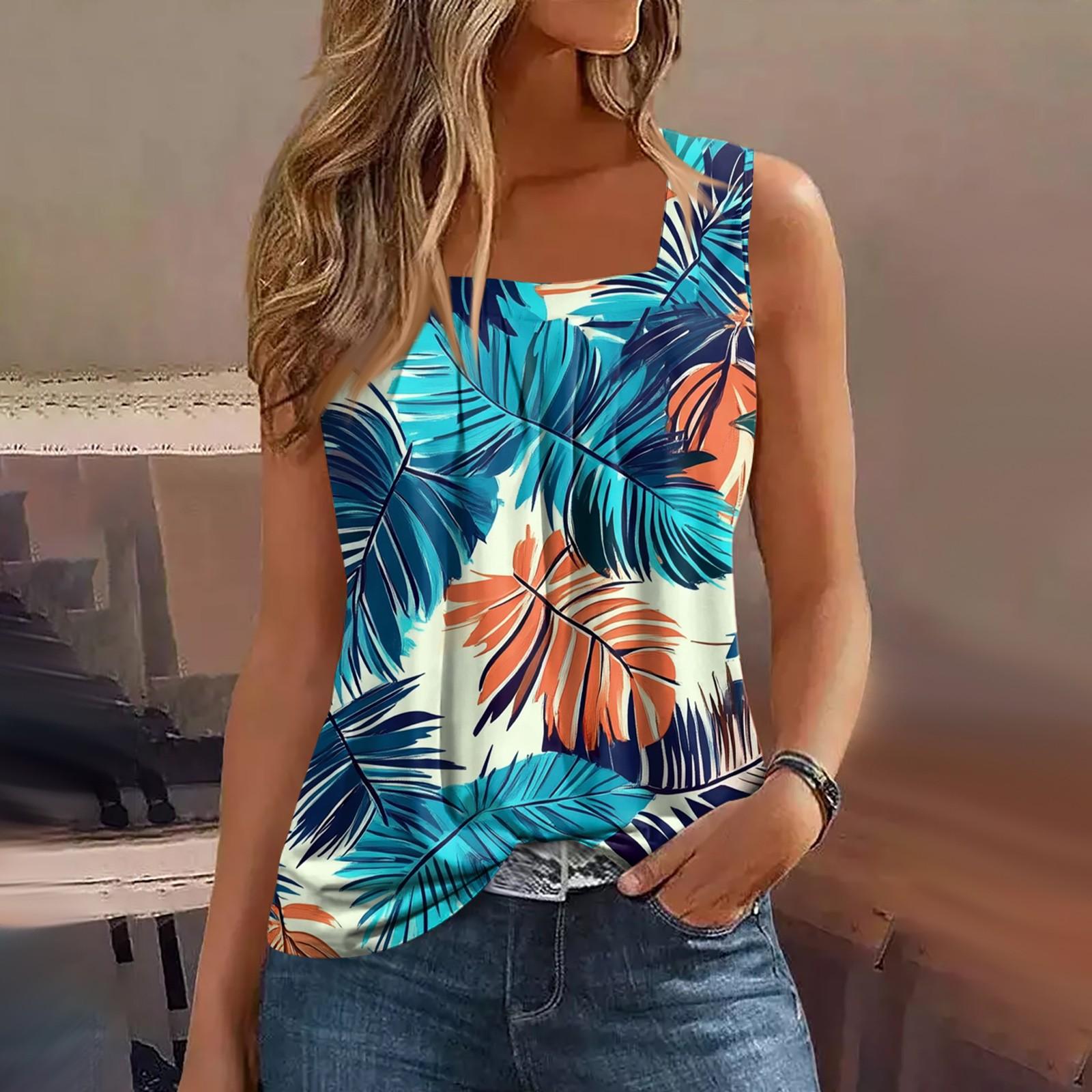 Women s Summer Casual Pleated Square Neck Sleeveless Tank Top Printed T-Shirt M
