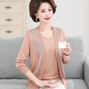 Spring Knitted Cardigan & Ice Silk T-shirt Set for Women Aged 40-50: Short-Sleeved Fashion Ensemble