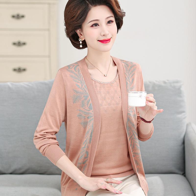 Spring Knitted Cardigan & Ice Silk T-shirt Set for Women Aged 40-50: Short-Sleeved Fashion Ensemble