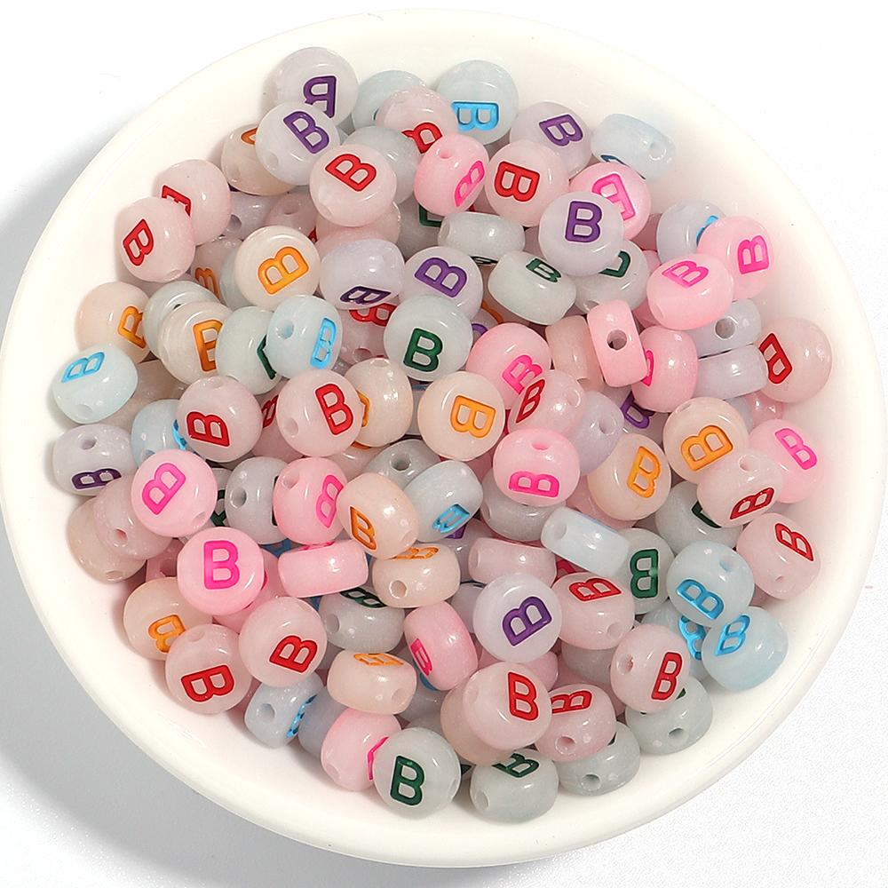 100Pcs/Lot 7mm Acrylic Luminous Beads Translucent Colorful Letter A-Z Flat Round Beads Diy Fashion Bracelet Necklace  Jewelry