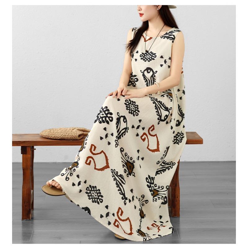 DIMANAF 2026 Women Plus Size Summer Beach Loose Lady Long Dress Vest Sleeveless Vintage Oversize Maxi Print Sundress Clothing