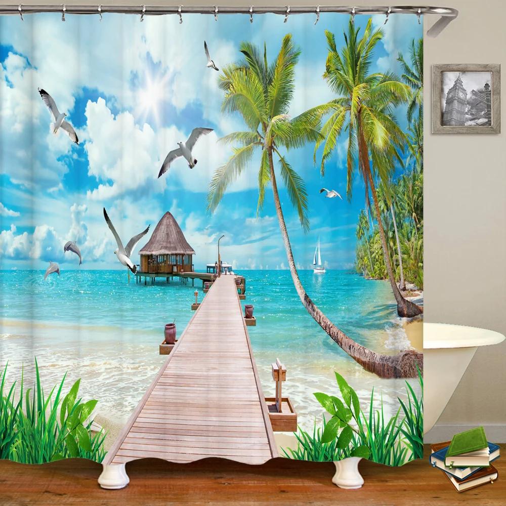 Beach Shower Curtain Waterproof Home Decoration Curtain 3D Palm Tree Seaside Beach Landscape Printed With Hooks Bathroom Curtain