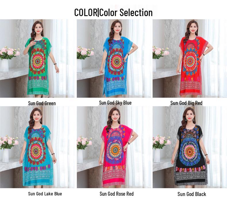 Summer Cotton Silk Loose Fit Mid-Length Bat Sleeve Dress for Women - Plus Size, Belly Covering, Slimming Beach Dress for Moms