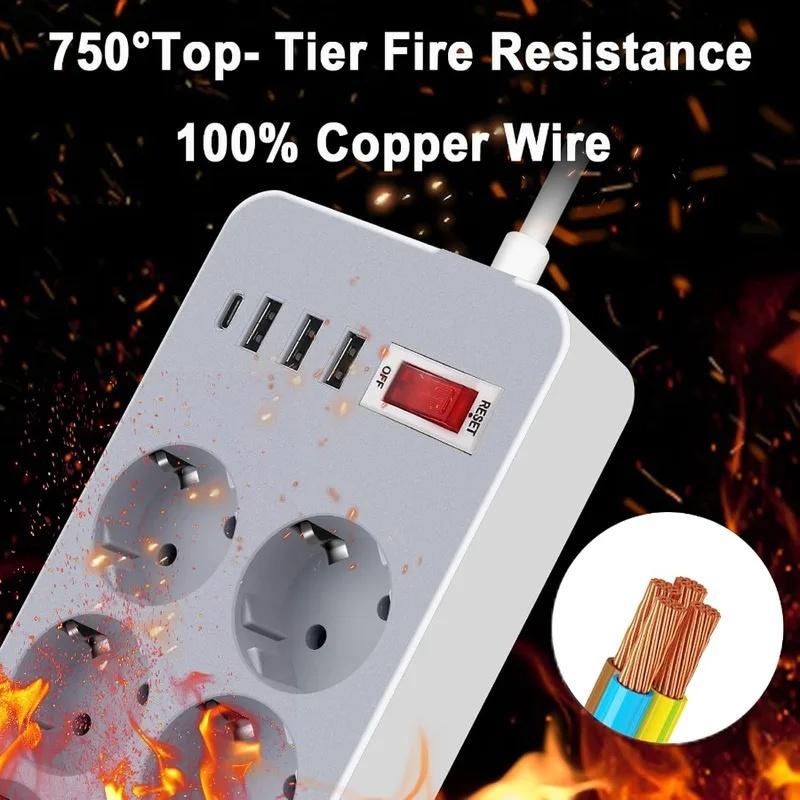 10 In 1 EU Plug Switch Power Strip 1.8 M 4 USB Ports (3 USB A + 1 USB C) And 6 Outlets, Surge Protection Smart Charging Station