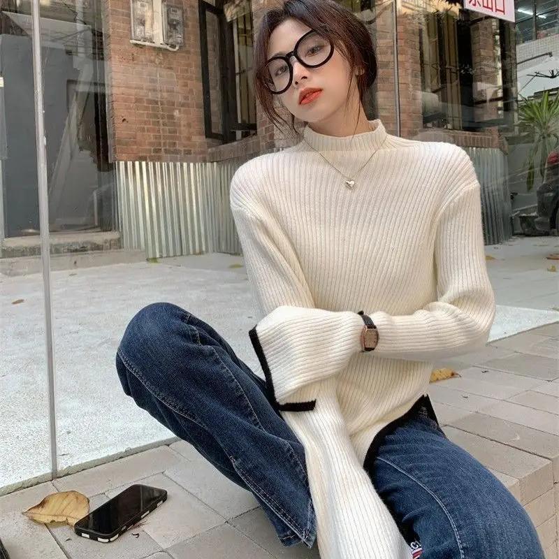 

Осень-зима Высокий воротник-стойка свитер водолазка с боковыми разрезами пуловер женский стиль топ самосовершенствование свитер рукав тонкий сексуальный короткий свитер XS белый