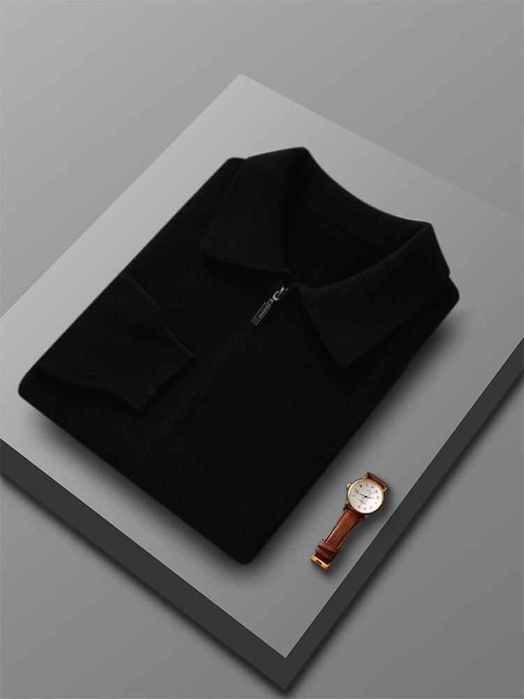 Men's 100% Pure Wool Knit Polo Collar Cardigan – Thickened, Fashionable, Zipper-Front Sweater for Business & Casual Wear.