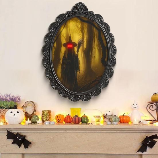 Halloween Holographic Witch Mirror Spooky Wall Mirror with Creepy Red Eyes for Haunted House Bedroom Indoor Decoration