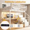 Loft Bed (140 x 200 cm), Metal Bed with LED Light Strip, Long Desk, Safety Ladder and Flexible Storage – Universal Bed for Adults and Children White