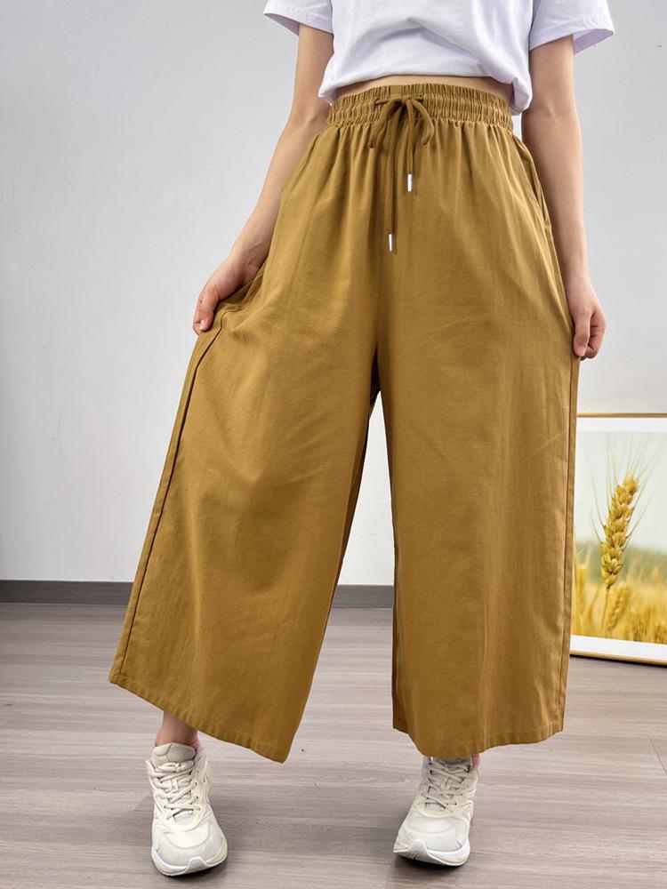 Southeast Asia Women's Casual Loose Ramie Culottes - Wide-Leg All-Cotton Slimming Pants, Eight-Point Length