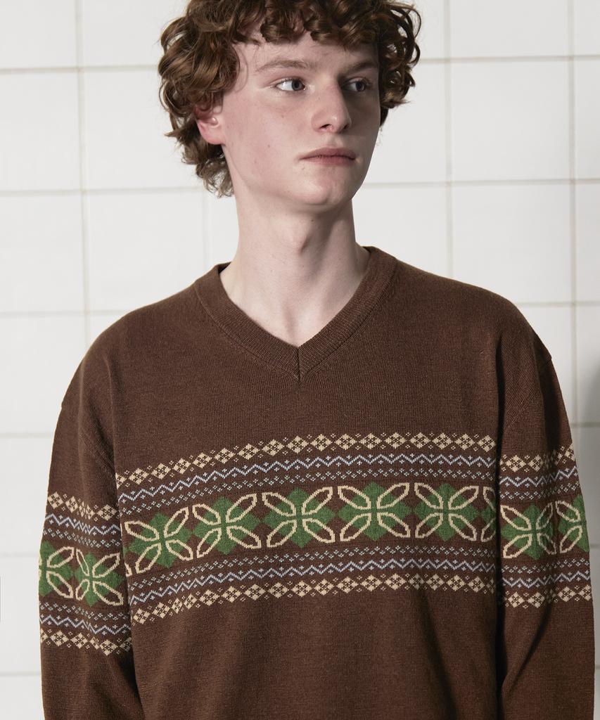 UNALLOYED Clover Argyle V-Neck Knit / Brown
