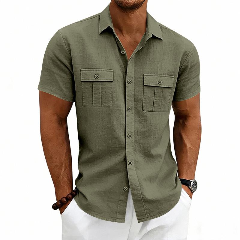 Men S American Casual Loose Short Sleeve Linen Work Shirt With Double Pockets