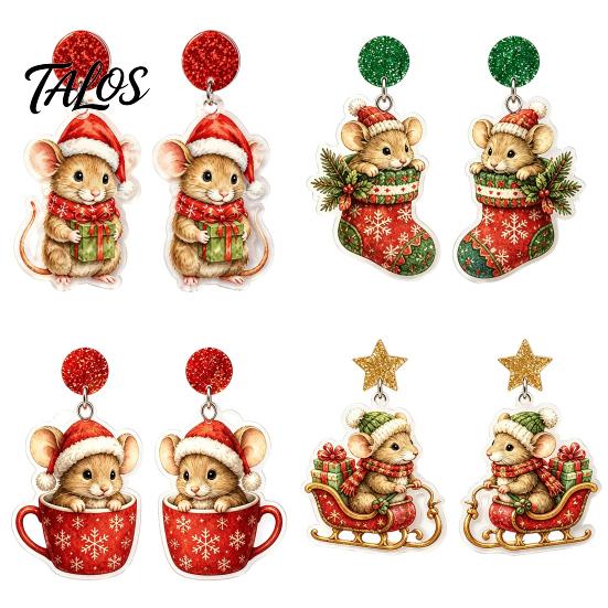 Holiday Party Accessories 1 Pair Cute Christmas Mouse Acrylic Earrings, 2D Flat Cartoon Animal Dangle Earrings Drop for Women, Glitter Star