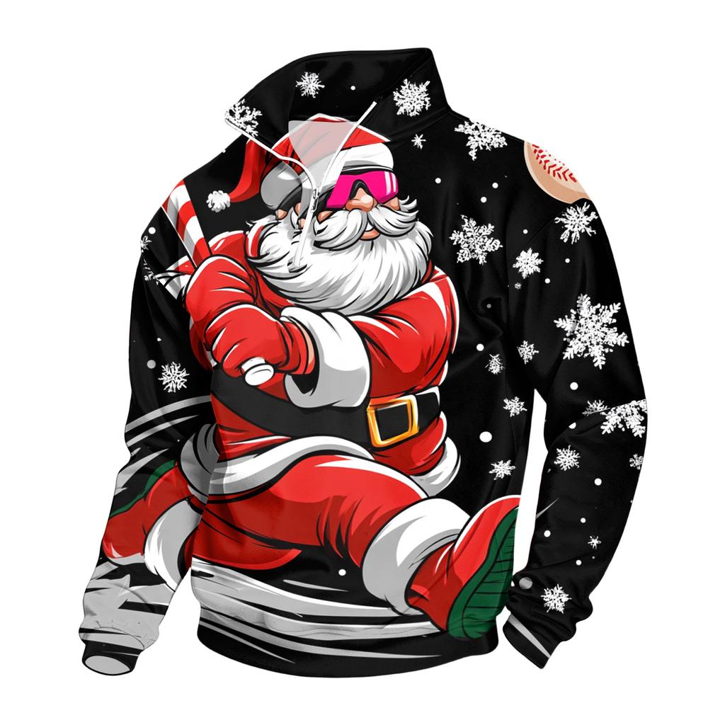 Men's Casual Quarter-Zip Stand Collar Sweatshirt with Christmas Print for Holiday Wear