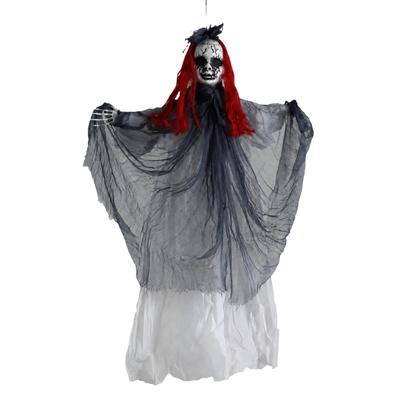 Eerie Hanging Doll Prop with Pale Face and Gauze Layers, Halloween Decoration for Spooky Room Display, Party Area, and Entry Use Decor