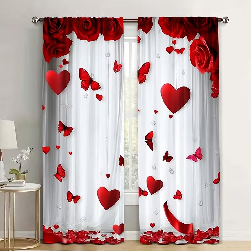 2 Stück Rote Rose Herz Schmetterling Transparente Vorhänge Romantischer Valentinsdruck Lichtfilternde Vorhänge Süße Heimdekoration für Schlafzimmer