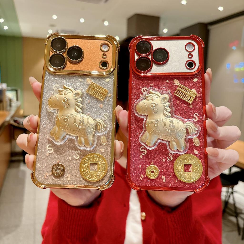 Three-dimensional rich horse lanyard is suitable for Apple iPhone17Promax mobile phone case 16 four corners anti-drop 15 electroplating 14