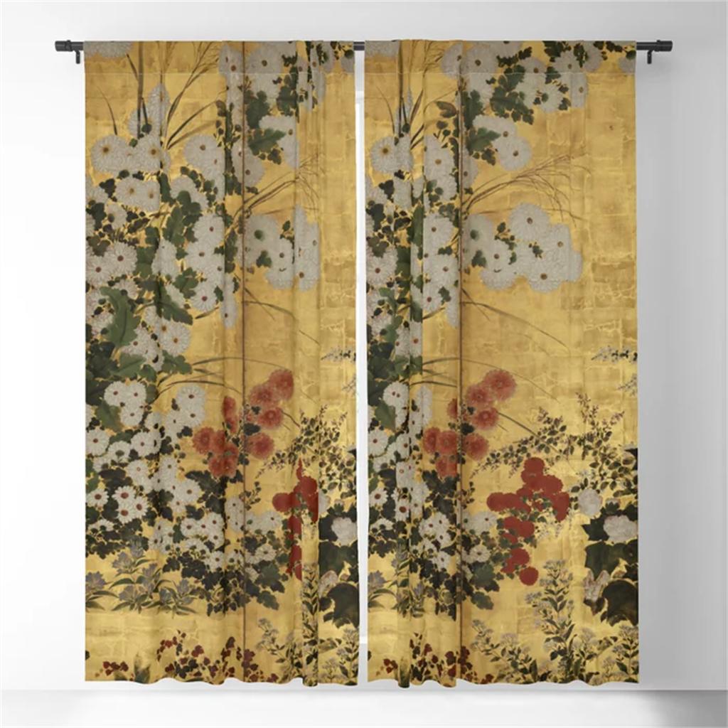 

Японский период Эдо шесть панелей позолоченный экран белые и красные хризантемы занавески гостиная спальня декор окна занавески 50W130H(CM)x2&Grommet Top
