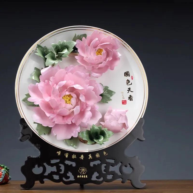 Home Living Room Decoration Hanging Plate, Chinese Ceramic Handmade Art Gold Border Peony Flower Porcelain Plate, Gift Box