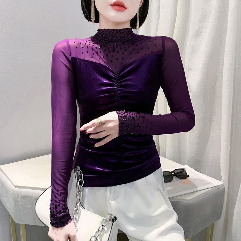 2024 Autumn/Winter V-Neck Women's Long Sleeve Beaded T-Shirt with Stylish Hot Drilled Design