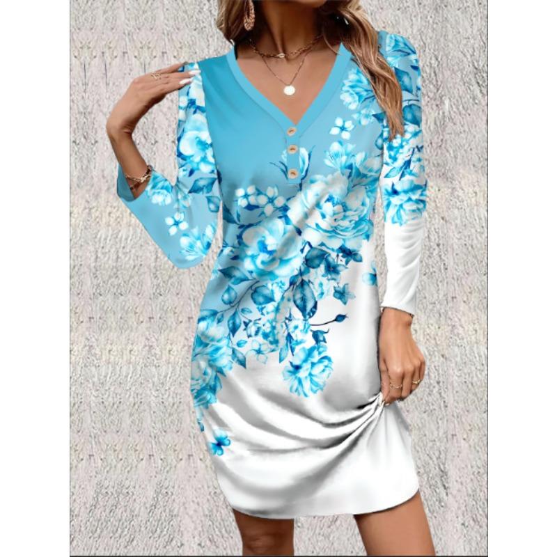 QICED Fashion Autumn Winter Long Sleeve V-Neck Casual Dresses