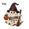 Halloween Party Supplies Ghost Welcome Door Hanger, Cute Wooden Sign with Witch Hat & Pumpkin Wall Elements, Fall Indoor Outdoor Decor for Holiday