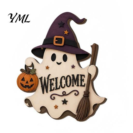 Halloween Party Supplies Ghost Welcome Door Hanger, Cute Wooden Sign with Witch Hat & Pumpkin Wall Elements, Fall Indoor Outdoor Decor for Holiday