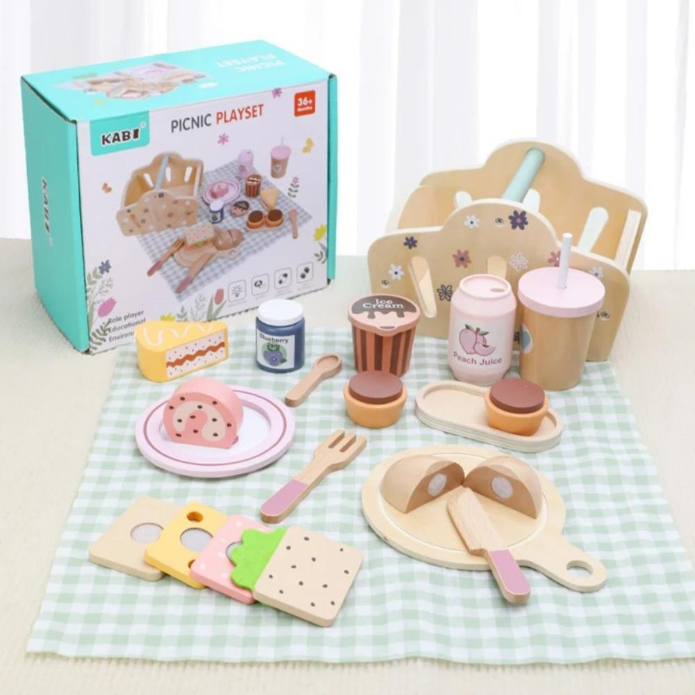 Picnic Basket Hand-held Basket Pretend Play Toys Children's Wooden Simulation Tableware Set Girls' Toys Desserts and Cakes