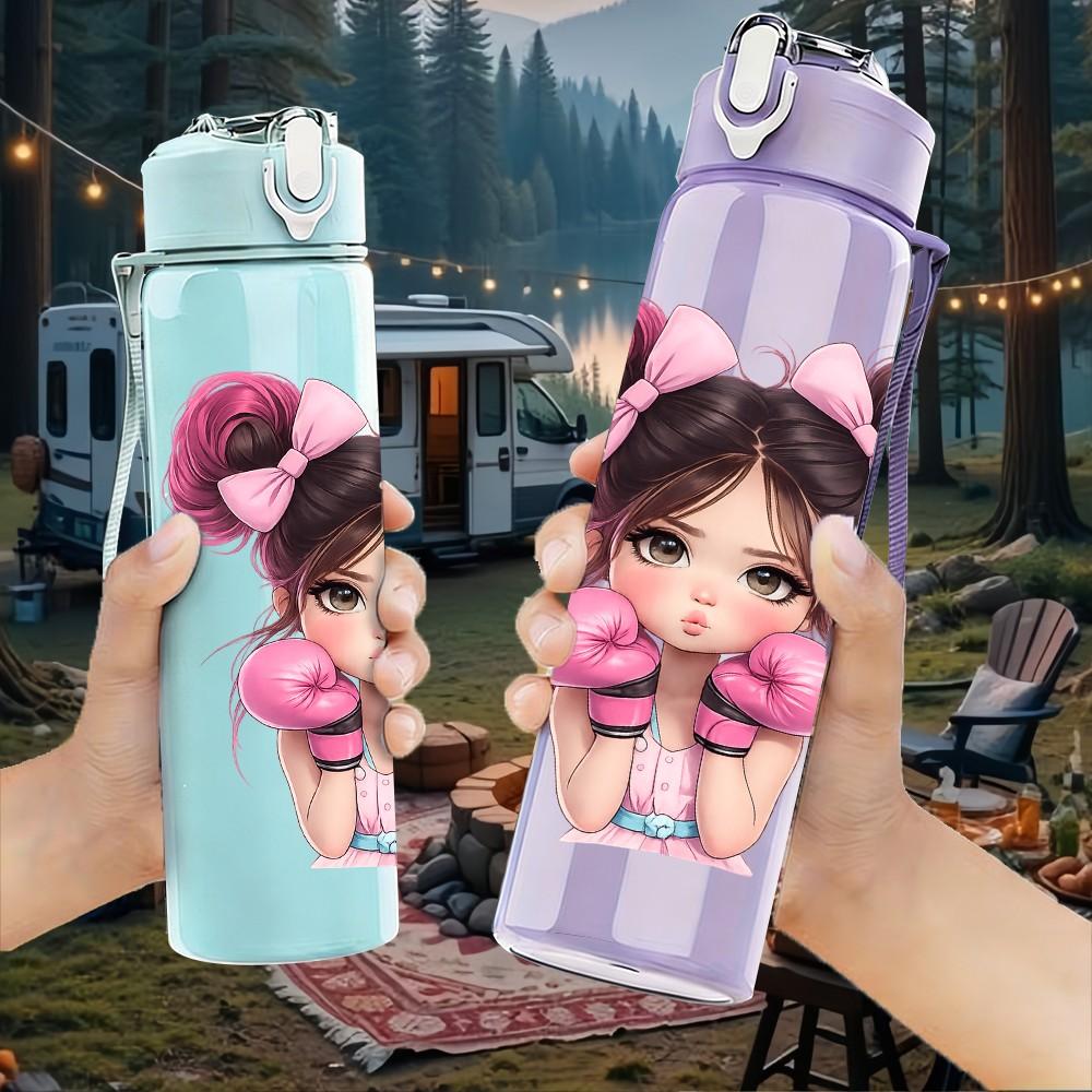 1PC Cute Girl Two Ponytails Portrait Print 750ml Color Plastic Sports Water Bottle Leakproof Flip Straw Lid Suitable for Sports Office Home Use