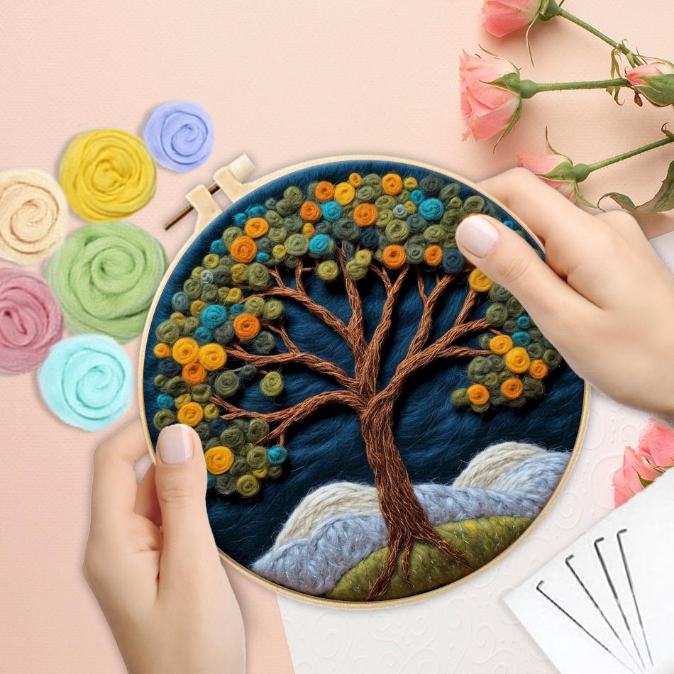 CHENISTORY Paquete de Fieltrado con Lana Árbol de la Vida Kit de Pintura de Fieltrado con Lana con Kit de Bordado Divertido DIY Aguja de Fieltro Marco de 20x20cm