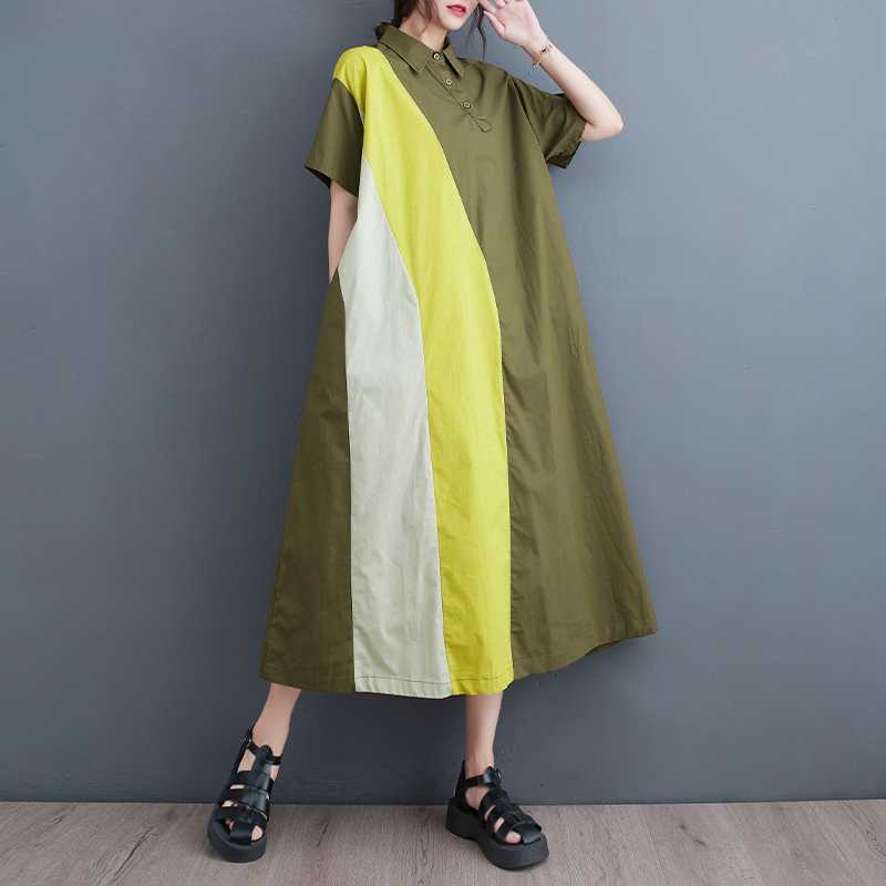Loose Patchwork Casual Simple Commuting Sweet Short Sleeved Dress