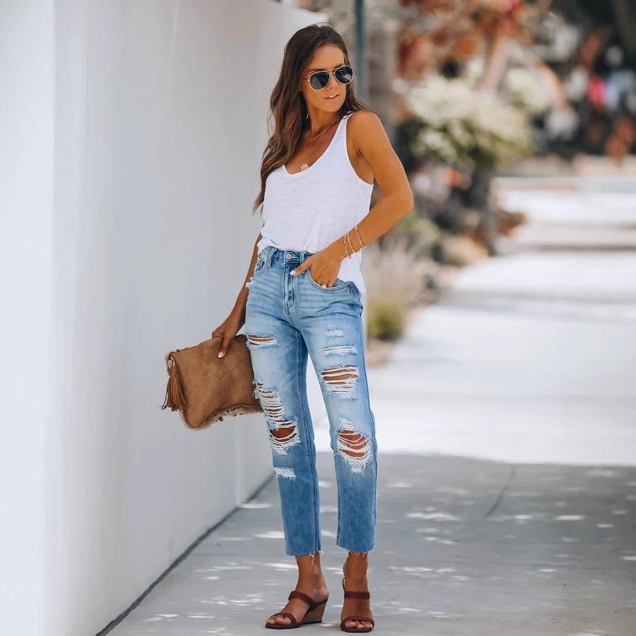 2025 Summer European & American Style Slimming Ripped Denim Jeans for Women