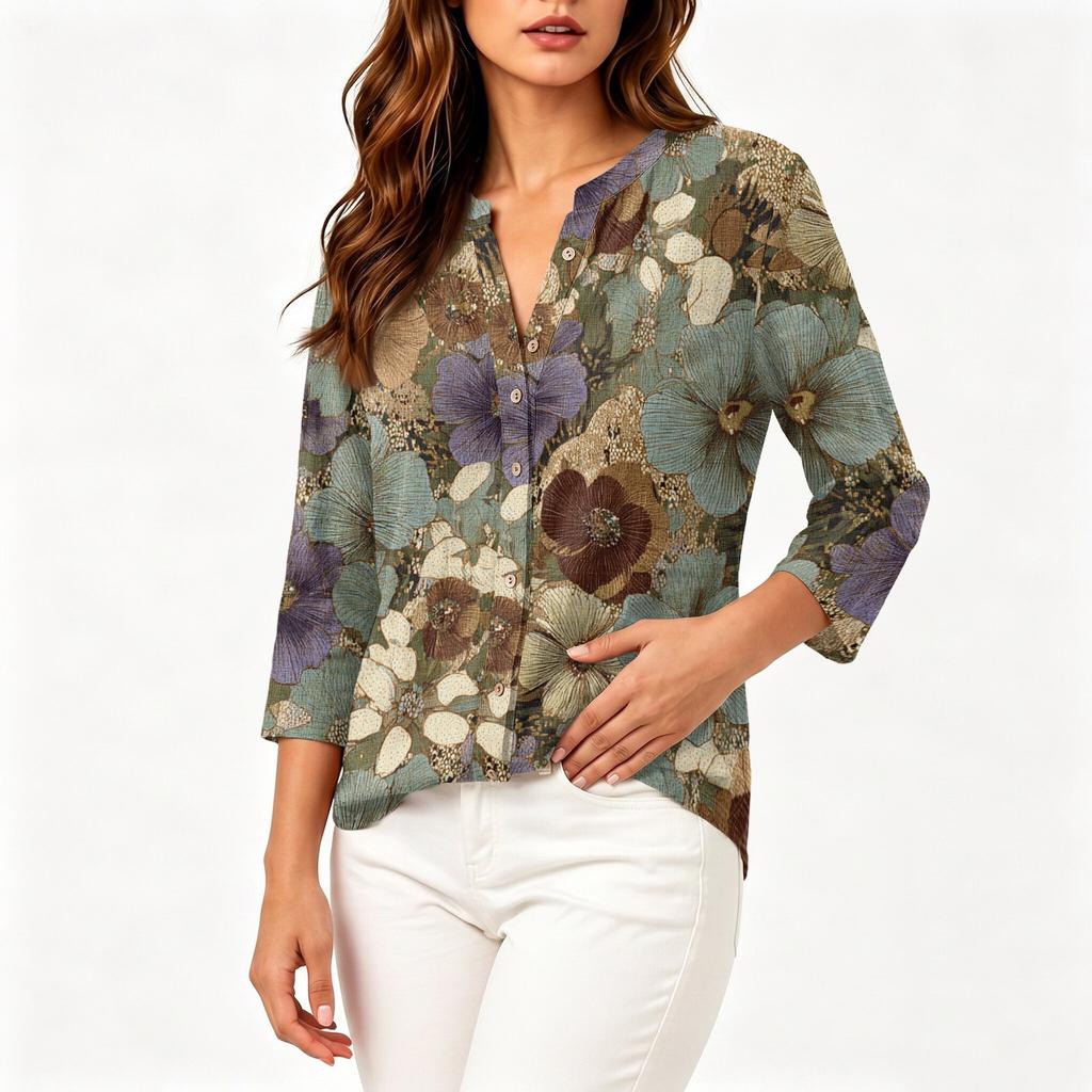 Blouse Vintage pour Femme à Imprimé Floral, Col Rond, Manches Trois-Quarts, Haut Décontracté en Coton et Lin
