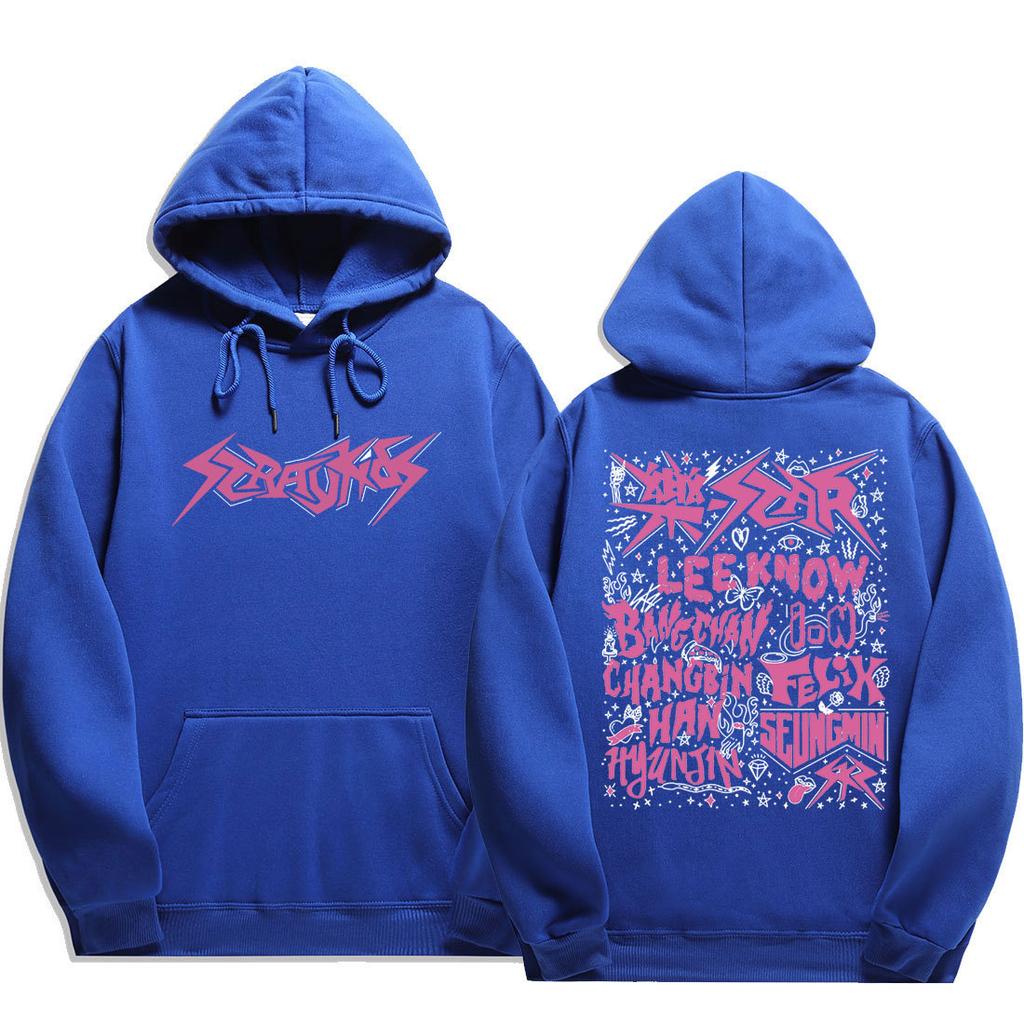 Stray Kids Pink Doodle Names Hoodie Front Stray Kids Metal Logo & Back Pink Rock‑Star Doodle All 8 Members Names & Stars, Oversized K‑Pop Fan Pullover