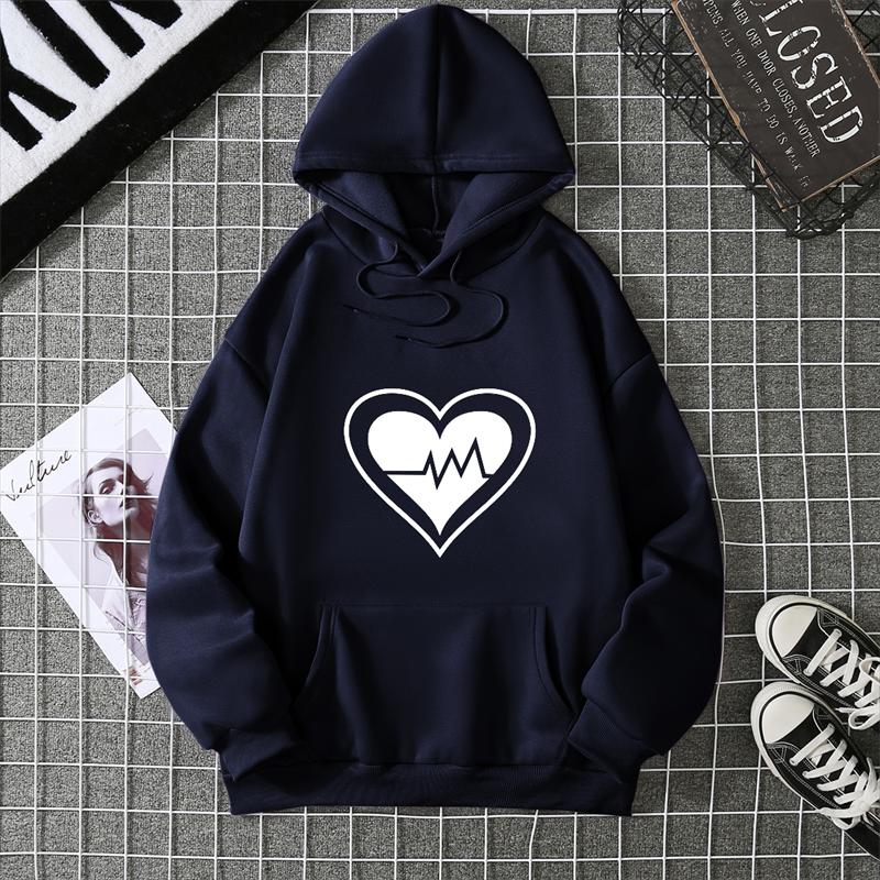 Women's Fleece Lined Hoodie Solid Color Heart Print Kangaroo Pocket Drawstring Printed Hooded Sweatshirt Streetwear