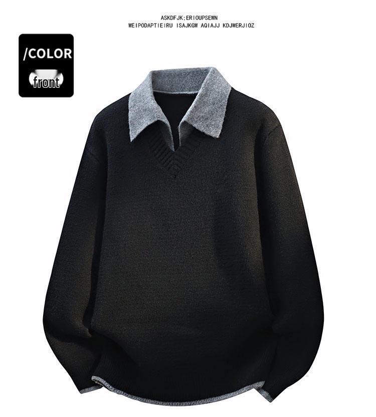 Men's Stylish Solid Color Two-Piece Look Lapel Sweater - Warm Japanese-Style Knitwear for Autumn/Winter.