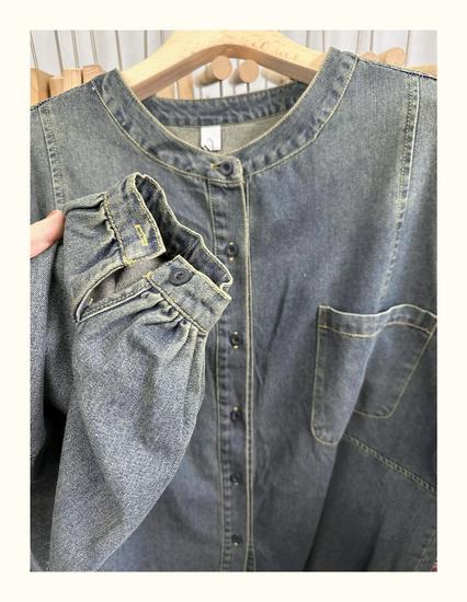 Xiao Wang's Retro Denim Round Neck Oversized Casual Jacket