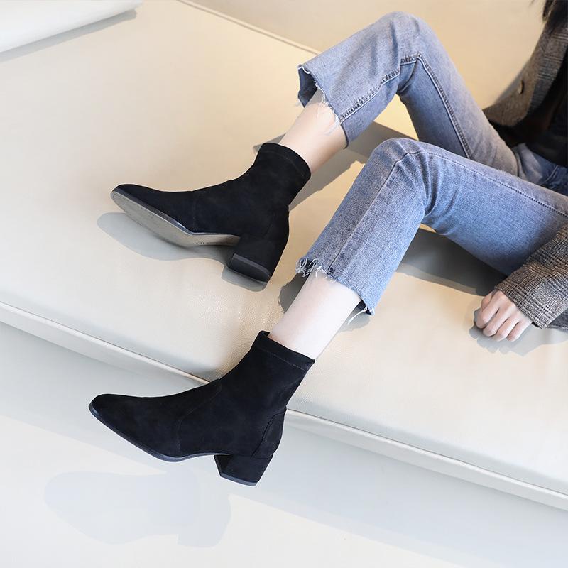~ Internet celebrity fashion British short boots four seasons thick super high heel women elastic thin confidential hair