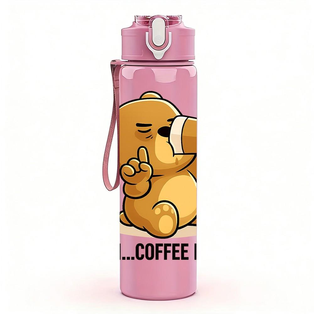 1PC Teddy Bear Coffee First Slogan Print 750ml Color Plastic Sports Water Bottle Leakproof Flip Straw Lid Suitable for Sports Office Home Use