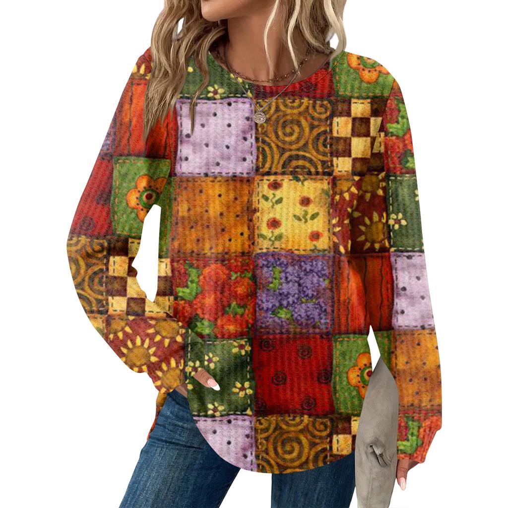 Dámský kostkovaný top s kulatým výstřihem, dlouhým rukávem, ležérního volného střihu