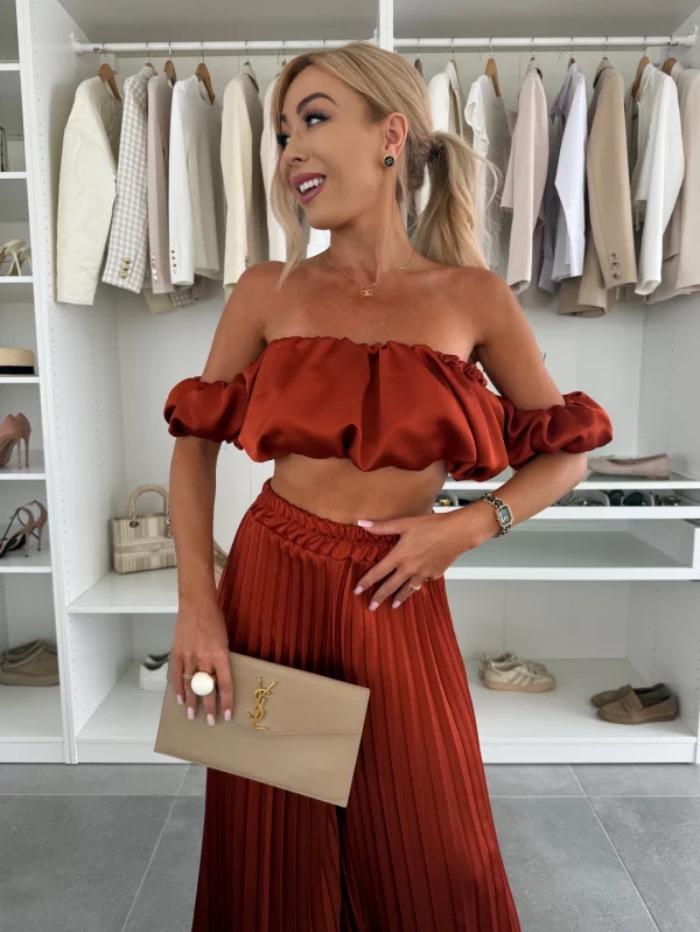 Elegant 25th Anniversary Strapless Pleated Long Pants Set In Solid Color