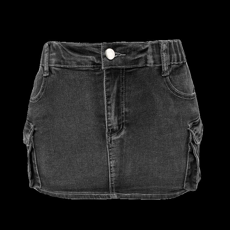 

Retro Half Skirt Women Summer European and American New Retro Elastic Cargo Pocket Sheath Denim Skirt Black S