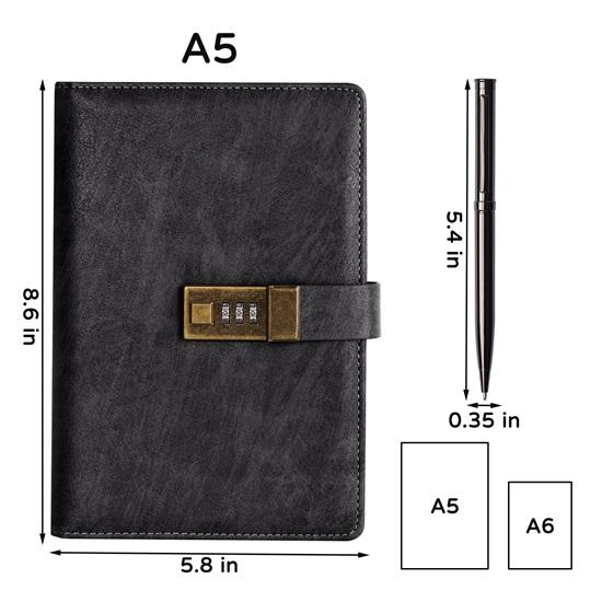 Diario con lucchetto, diario in pelle PU A5 con lucchetto a combinazione, diario protetto da password, quaderno con penna Gif