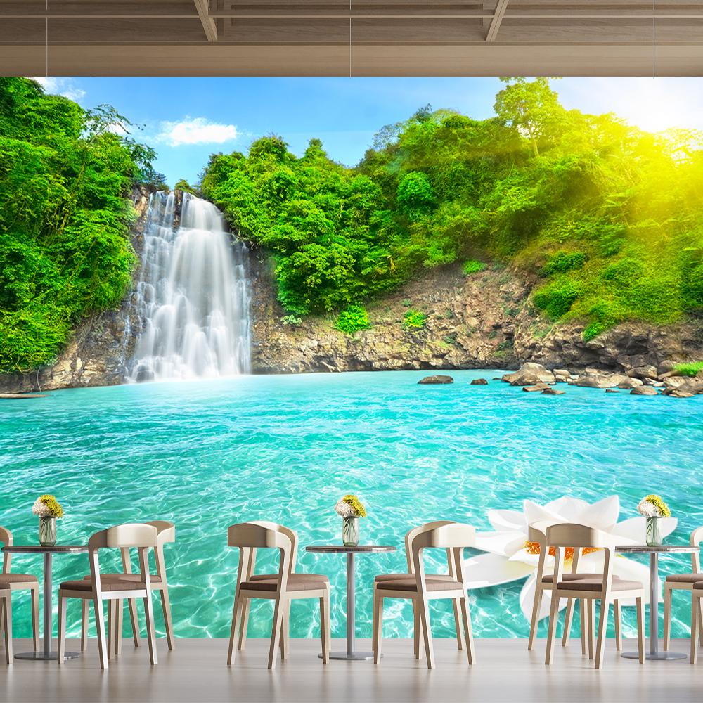 Waterfall River 3d Murals Wallpaper, Forest Lotus Large Wall Mural Modern Bedroom Baby Room Living Wall Paper