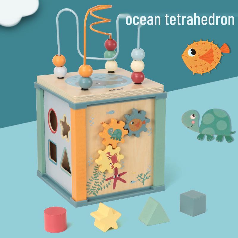Wooden Ocean & Forest Educational Activity Cube for Children: Slide, Match, and Bead Maze Puzzle