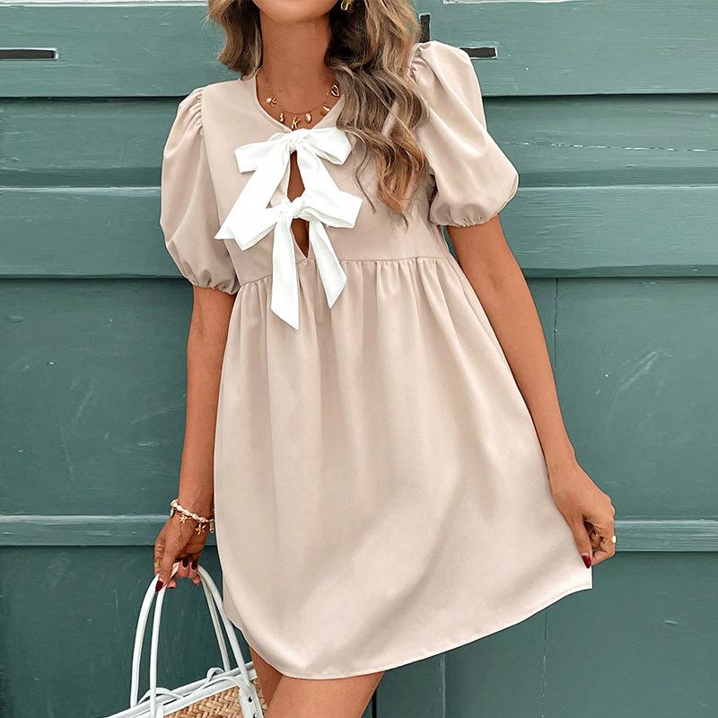 Women Casual Lantern Sleeve Bowknot V Neck Solid Color Knot One Piece Dress