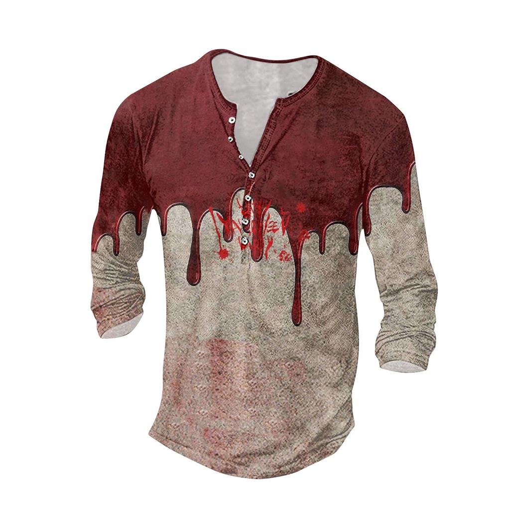 Men'S Printed T-Shirt Outdoor Retro Button Loose Long Sleeve Top