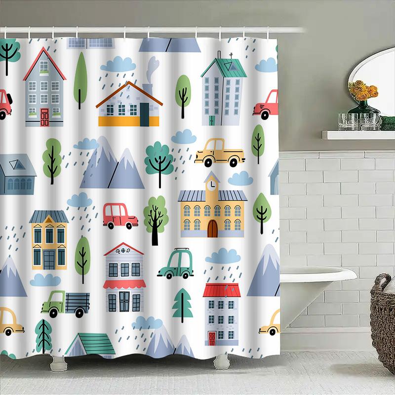 Rainy Day Cartoon Shower Curtain Modern House Car Print Waterproof Bath Mat Cover For Bathroom Decorations In Home Garden Access