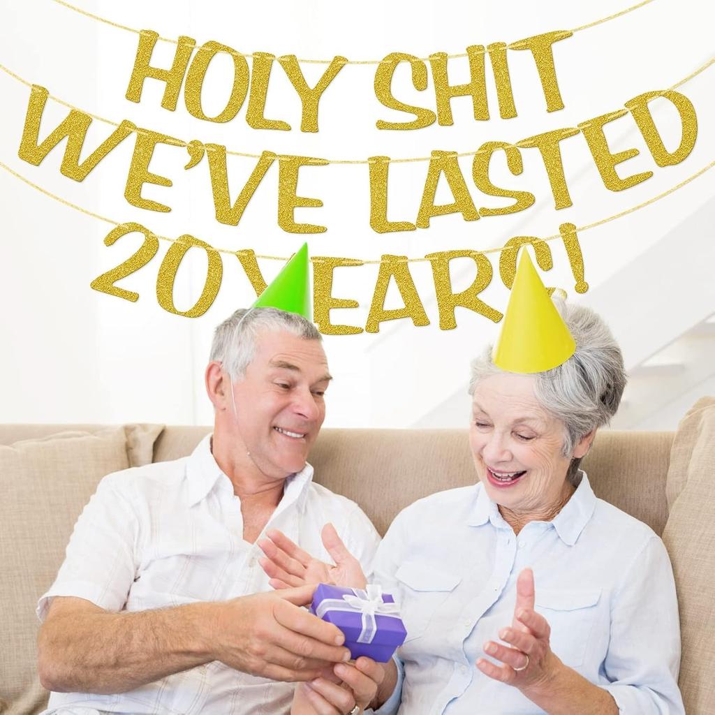 Holy We've Lasted 20 Years Banner, 20th Wedding Anniversary Party Decorations, Funny Decor for Him Her Husband Wife Parents, Pre-Strung, Gold Glitter