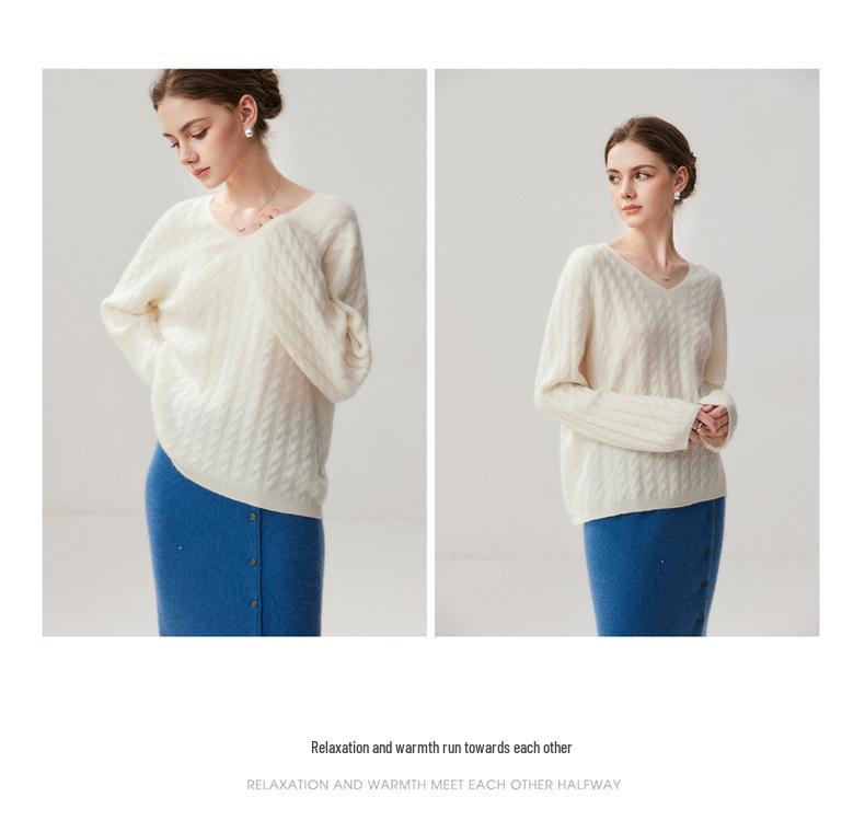 Women's Cashmere V-Neck Sweater - Aran Jacquard Knit, Loose Fit, Autumn Style